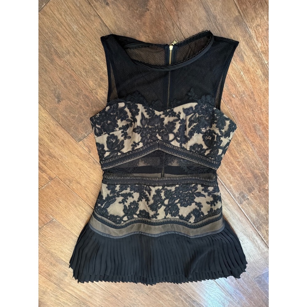 Three Floor Black Floral Lace Pleated‎ Peplum Top Nude Lining Mesh US 6 S